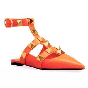 Valentino Garavani Roman Stud Orange Leather Ankle Strap Flats Size 38 / 8